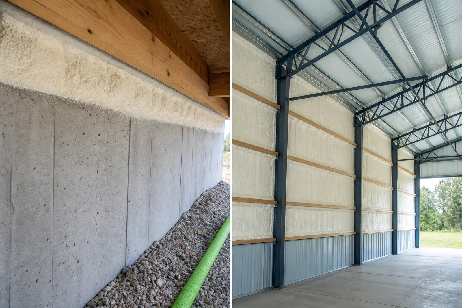 Spray foam insulation installed along a foundation assembly